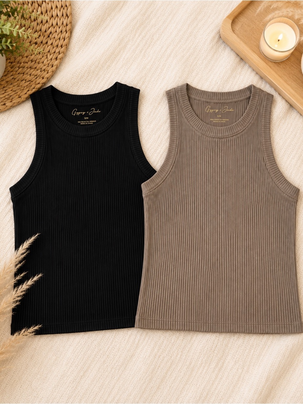 Gypsy & Jade Ribbed Tank Top Bundle Black & Taupe S/M Nylon Spandex Soft Stretch